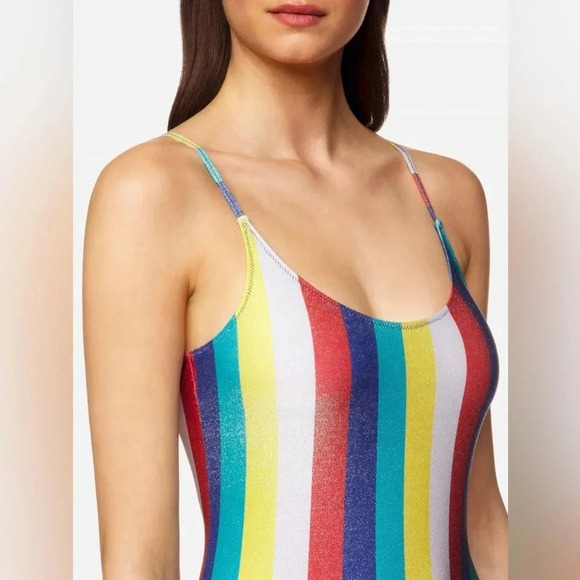Benetton One-Piece Printed Swimsuit with Lurex Multi Color Stripes Swimwear - Picture 2 of 11